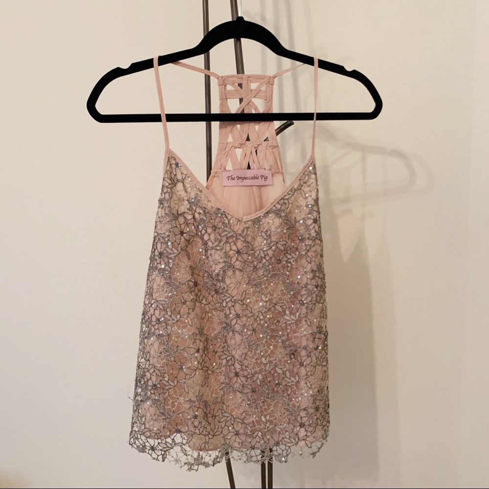 Impeccable Pig Lace Tank Top - gray sequin detail